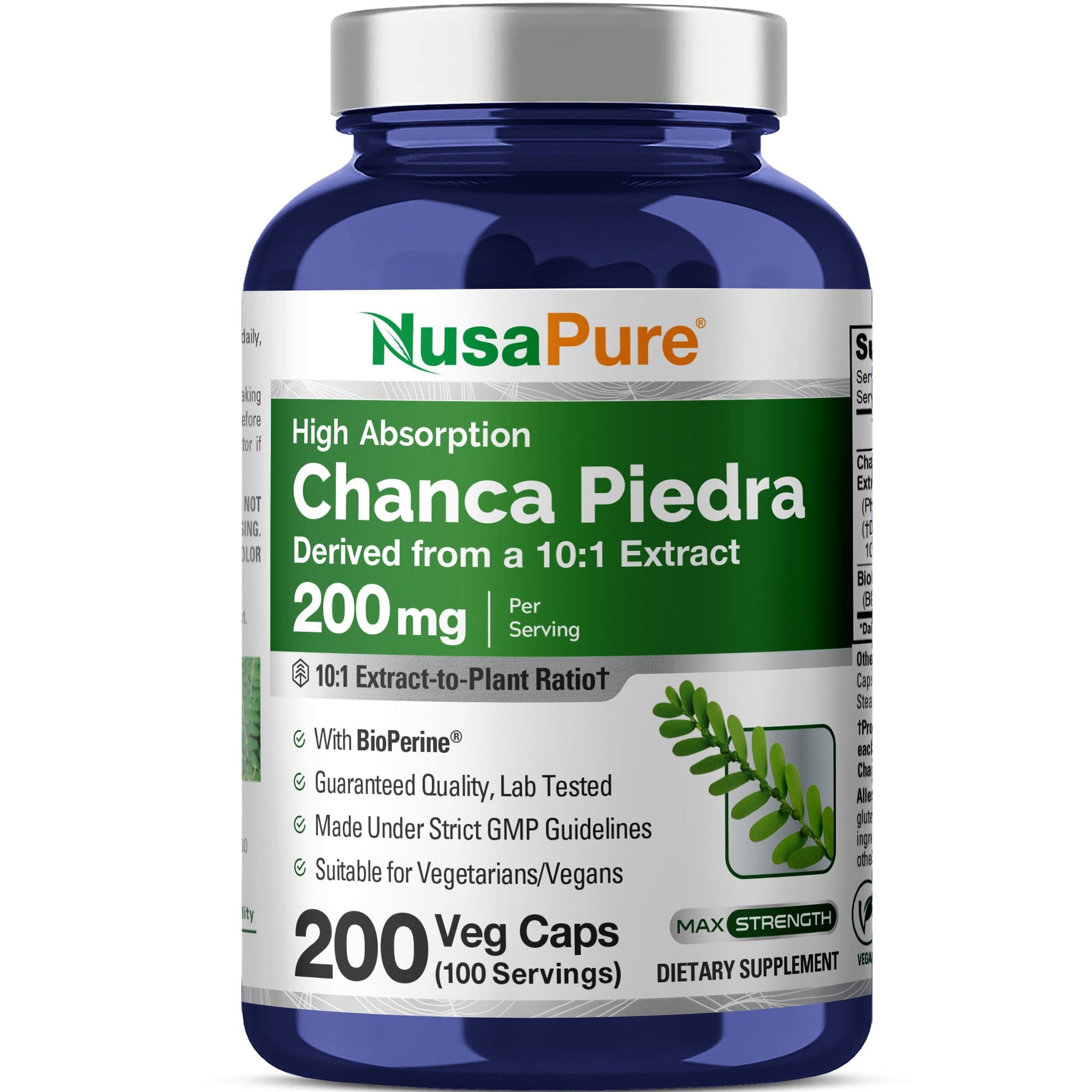 NusaPure Chanca Piedra 200mg | 200 Veggie Caps | Herbal Extract Supplement | Extract 10:1, Non-GMO, Bioperine | 100 Servings per Bottle