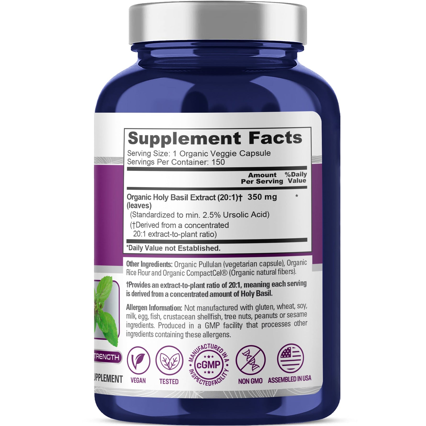 NusaPure USDA Organic Holy Basil Capsules 20:1 Extract, 350 mg 150 Vegan Caps Tulsi Holy Basil Leaf Extract 2.5% Ursolic Acid Non-GMO