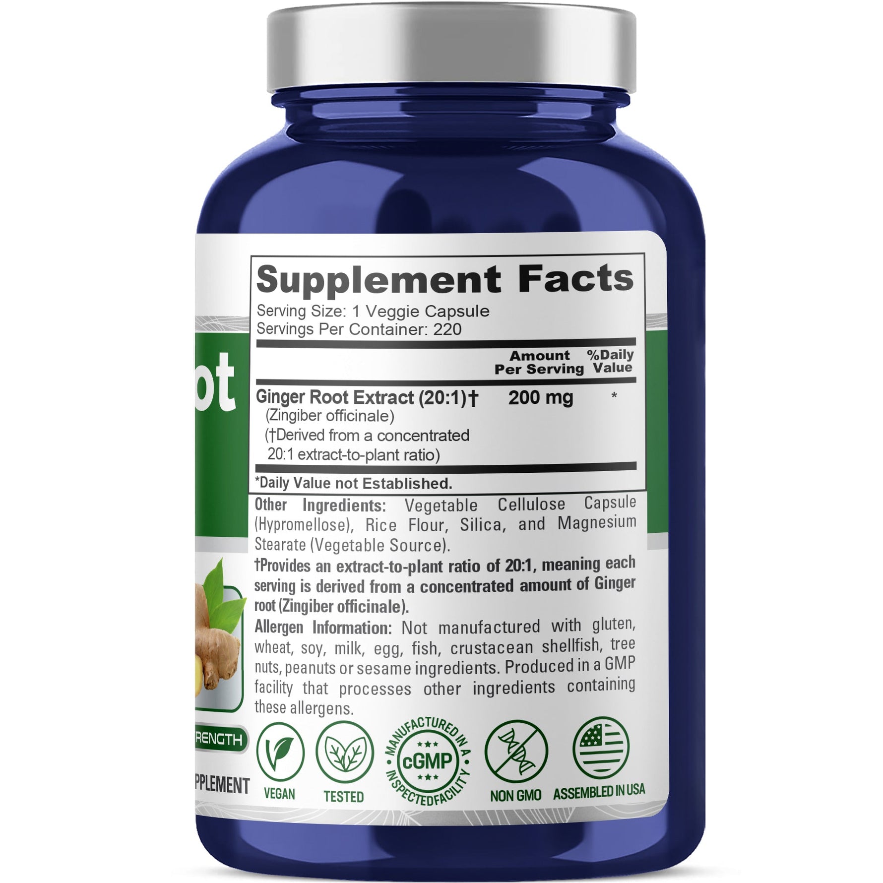 NusaPure Ginger Root Capsules 20:1 Extract, 200 mg per Veggie Caps | 220 Count | Non-GMO