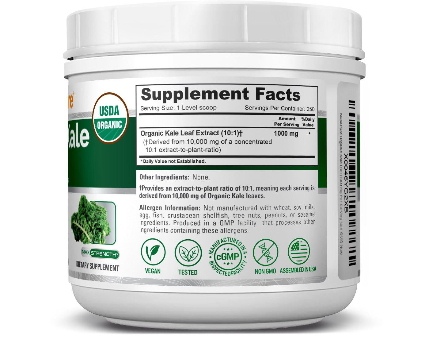 NusaPure Organic Kale Powder Extract 10:1 - Suitable for Vegetarian/Vegan, Non- GMO - 1,000 mg - 250 Capsules