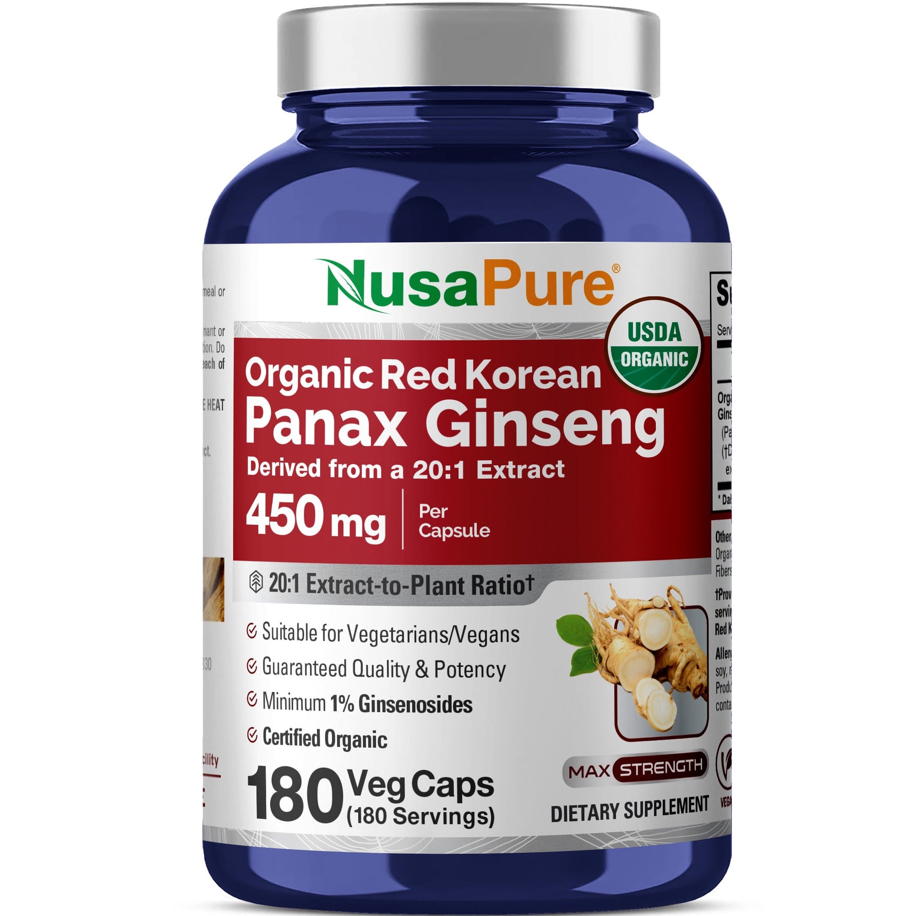 Red Korean Panax Ginseng, Non-GMO, Vegan, 450mg, 180 Vcaps - 180 Servings