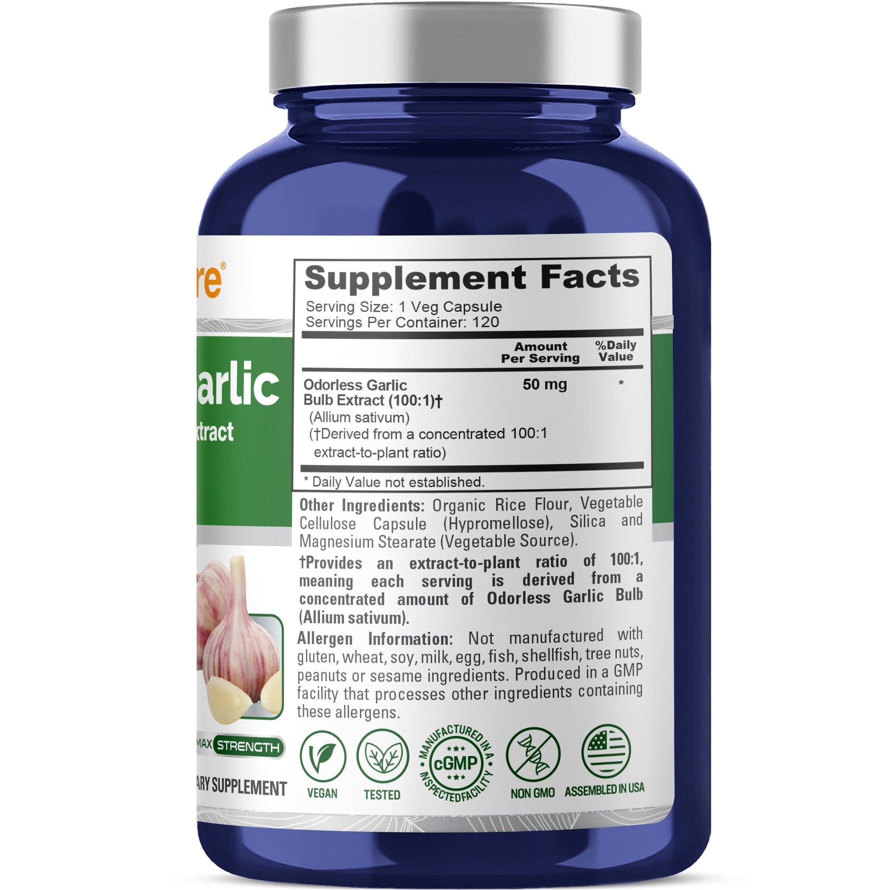 NusaPure Odorless Garlic 100:1 Extract, 50 mg Capsule | 120 Veggie Caps | High Potency | Herbal Supplement | Non-GMO