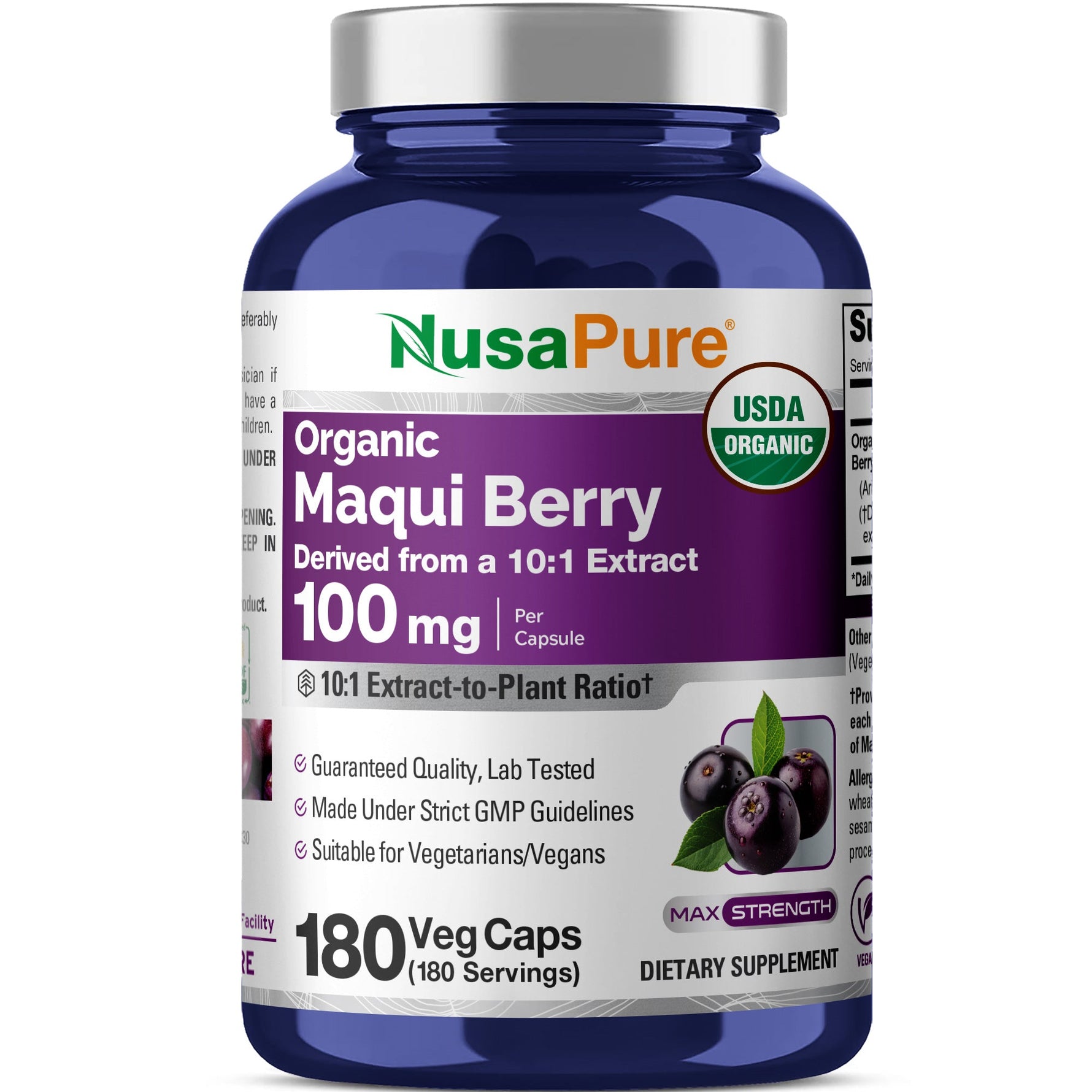 NusaPure USDA Organic Maqui Berry 10:1 Extract, 100 mg 180 Veg Caps Suitable for Vegetarians and Vegans, Non-GMO