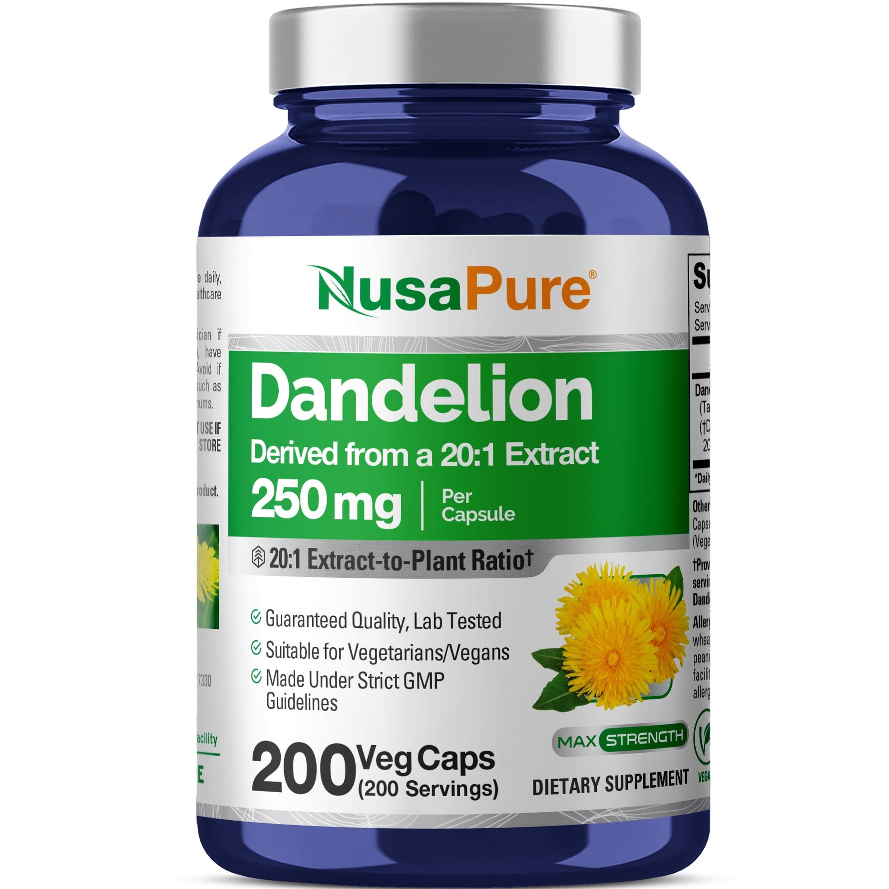 NusaPure Dandelion Root 20:1 Extract, 250 mg 200 Veg Capsules (Vegan, Non-GMO)