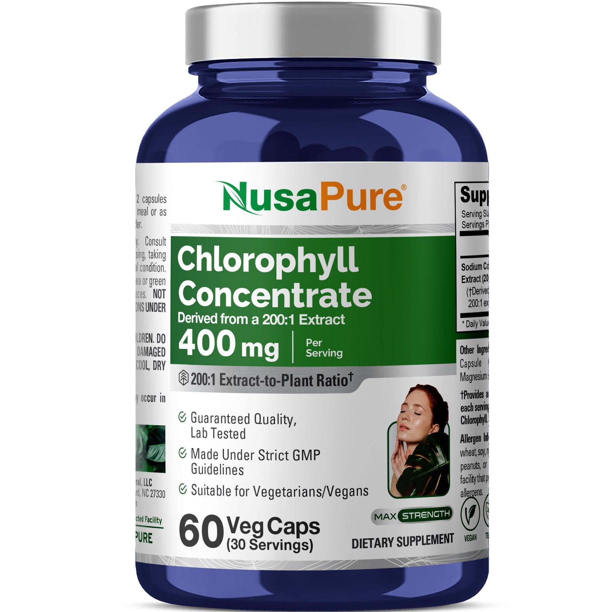 NusaPure Chlorophyll 200:1 Extract, 400 mg 60 Veggie Caps, Non-GMO, Vegan, Sodium Copper Chlorophyllin