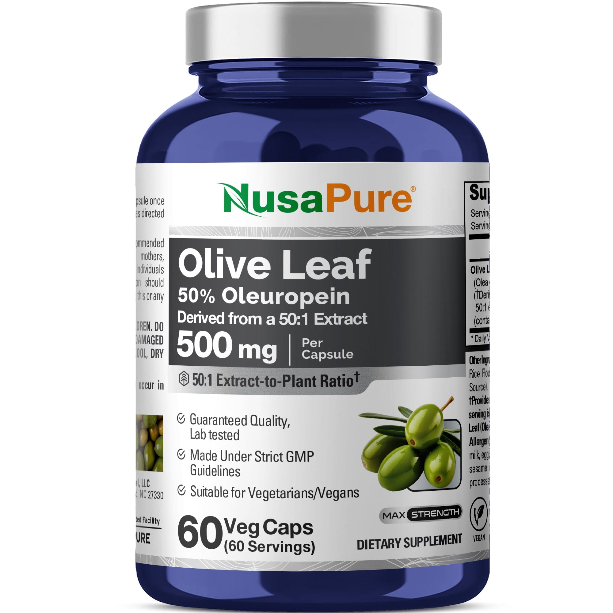 NusaPure Olive Leaf 50:1 Extract, 500 mg - 50% Oleuropein Vegan/Vegetarian - Super Strength No Oil 60 Capsules
