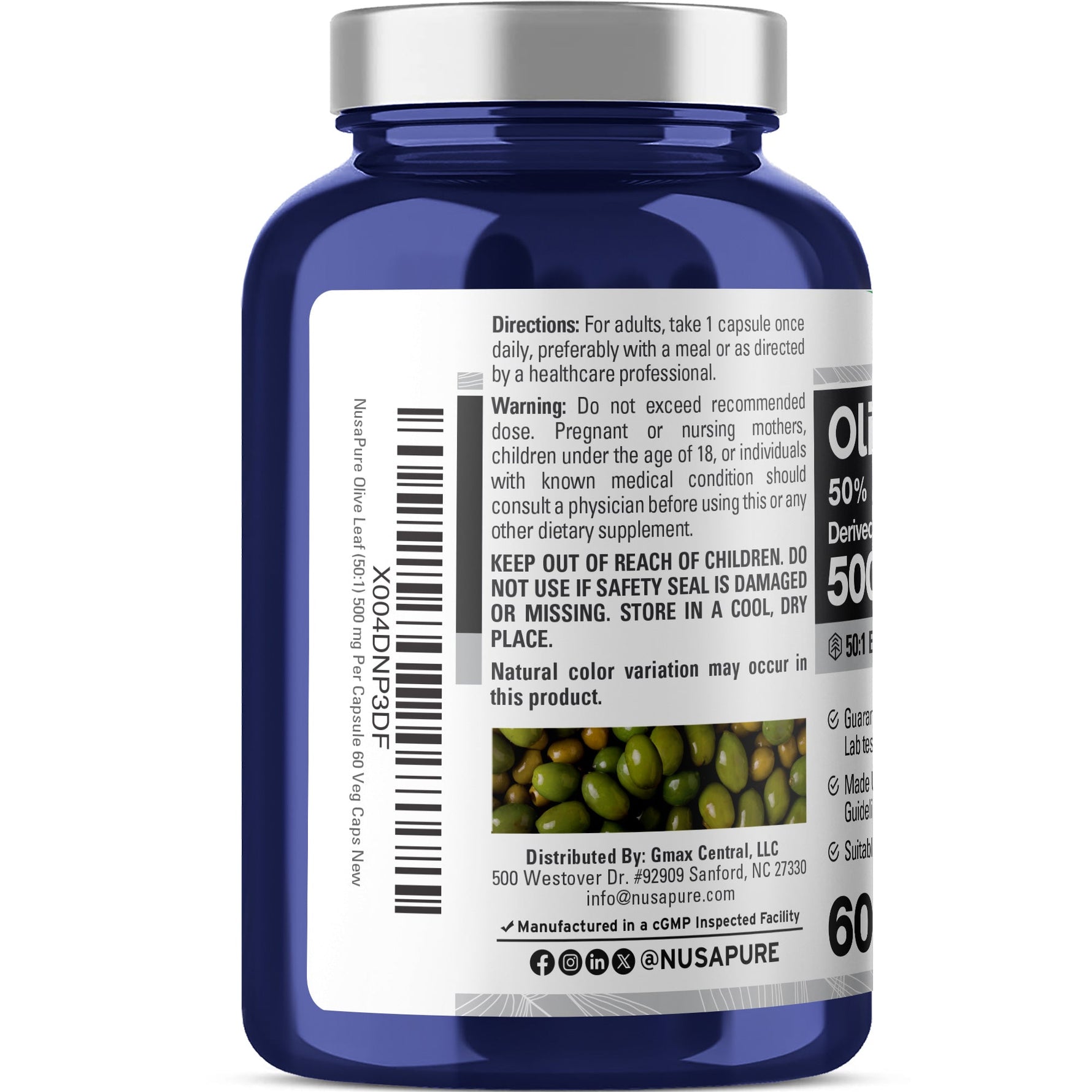 NusaPure Olive Leaf 50:1 Extract, 500 mg - 50% Oleuropein Vegan/Vegetarian - Super Strength No Oil 60 Capsules