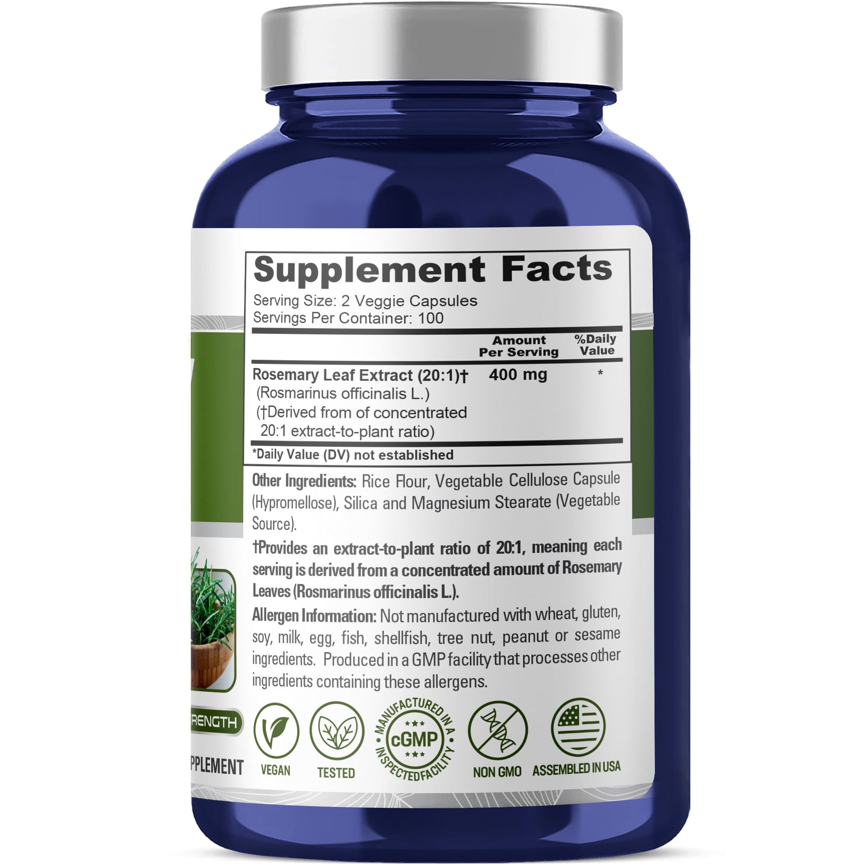 NusaPure Rosemary Capsules | 20:1 Extract, 400 mg | 200 Veggie Caps | Non-GMO & Vegan