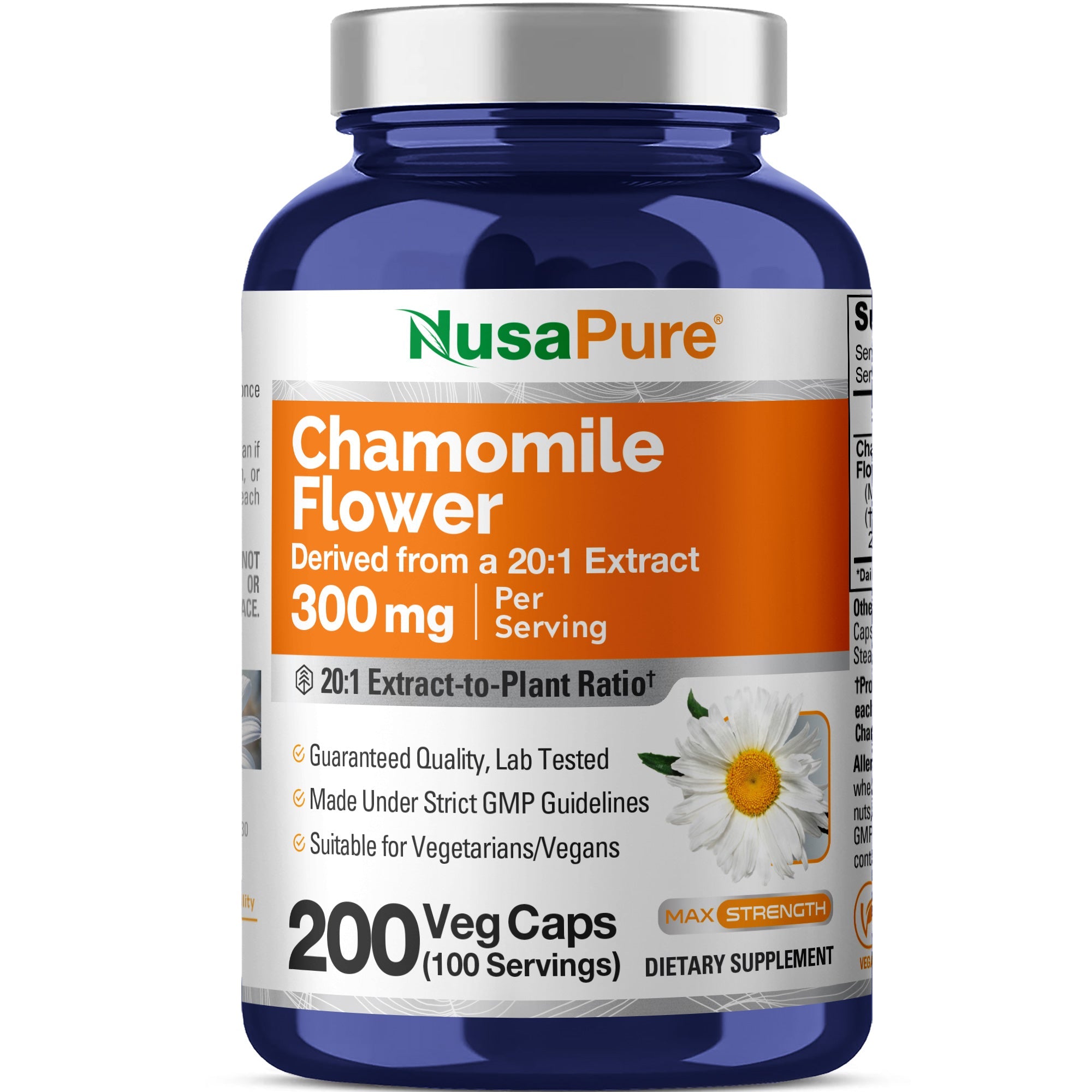 NusaPure Chamomile Flower 20:1 Extract, 300 mg Per Veggie Caps 200 Count (Non-GMO, Vegan)