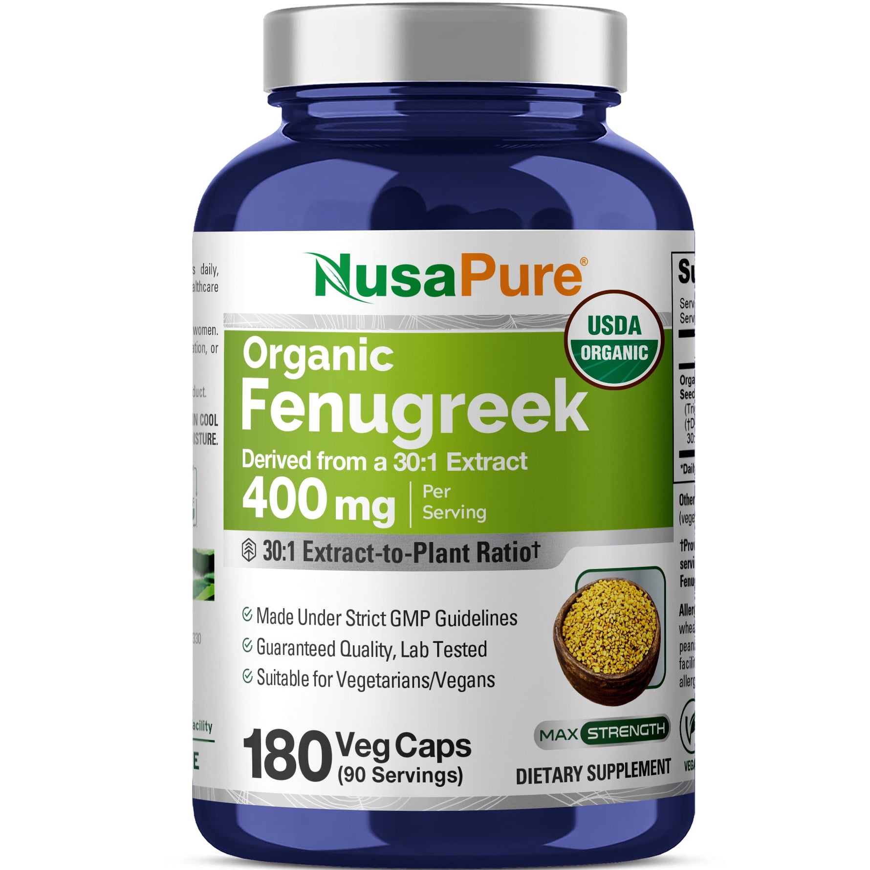 NusaPure Fenugreek Seed 30:1 Extract, 400 mg per Serving, 180 Veggie Capsules – Herbal Supplement – Non-GMO, Vegan