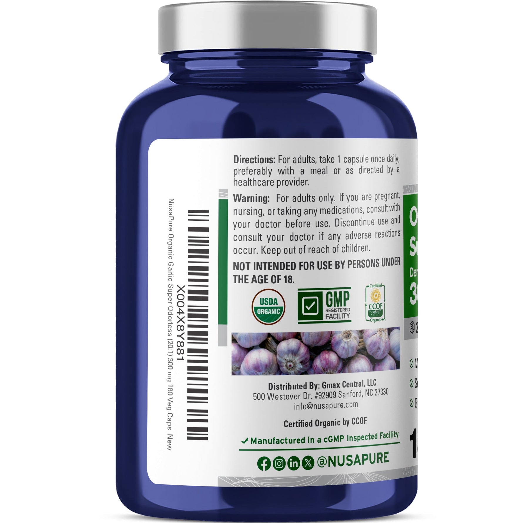 NusaPure Organic Garlic Super Odorless 20:1 Extract, 300 mg | 180 Veggie Capsules | USDA Organic | Herbal Supplement | Non-GMO, Vegan
