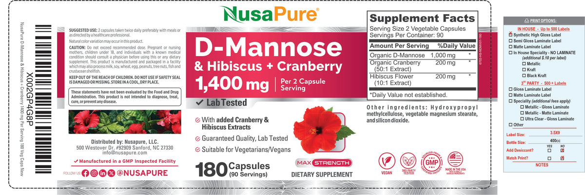 NusaPure D-Mannose Complex 1400 mg (with Hibiscus and Cranberry) - 180 Veggie Caps.