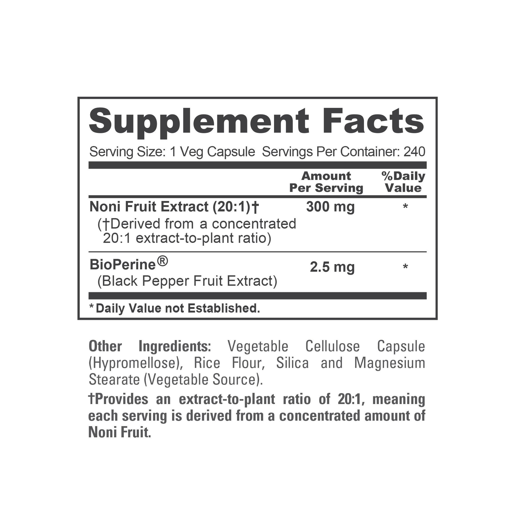 NusaPure Noni Fruit 20:1 Extract, 300 mg 240 Capsules Suitable for Vegetarian/Vegan, Non-GMO