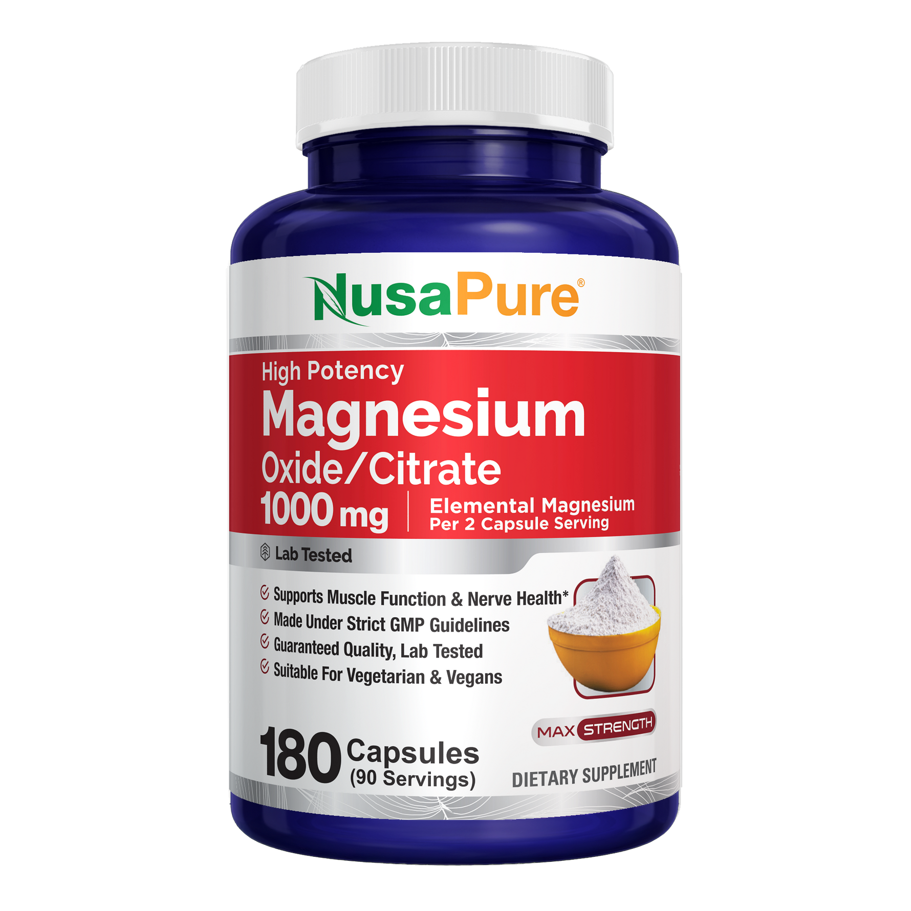 NusaPure Magnesium Oxide 1,000mg per Serving 180 Veggie Caps (Non-GMO, Vegan)