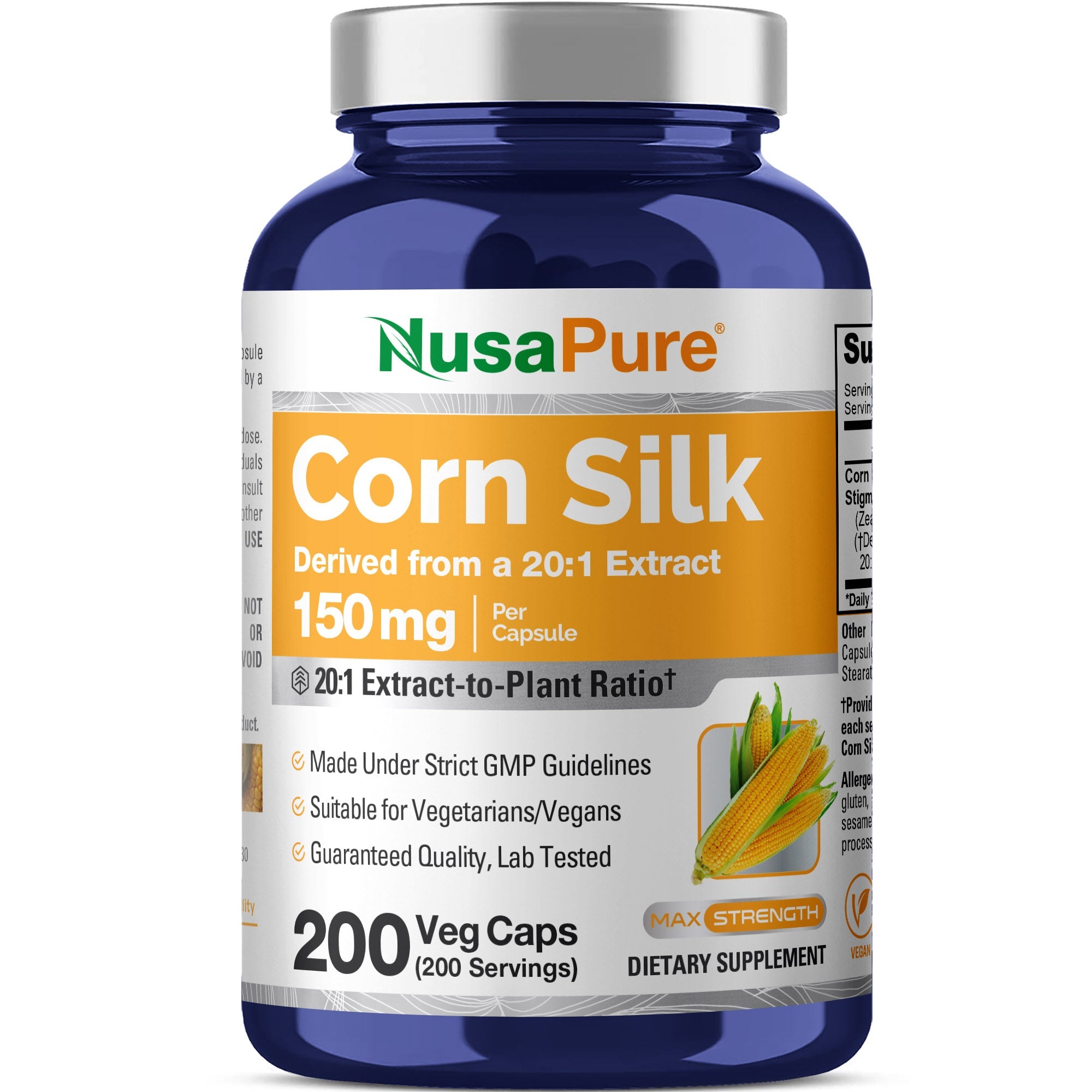 NusaPure Corn Silk Extract 150 mg per Caps - 200 Veggie Caps (100% Vegetarian, Non-GMO, Extract 20:1, Vegan)