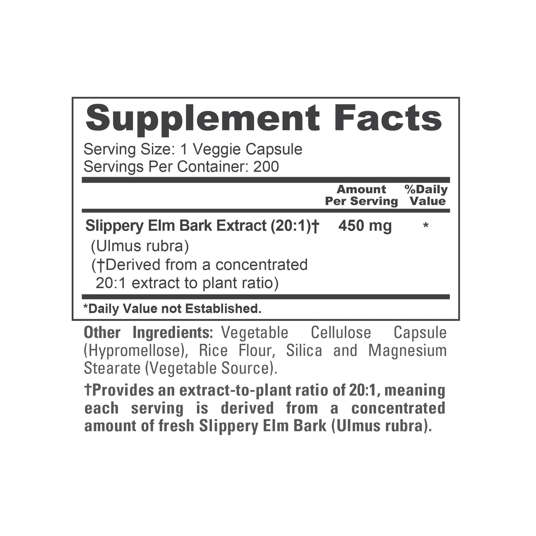 NusaPure Slippery Elm Bark 20:1 Extract, 450 mg 200 Veggie Capsules (Non-GMO, Vegan)