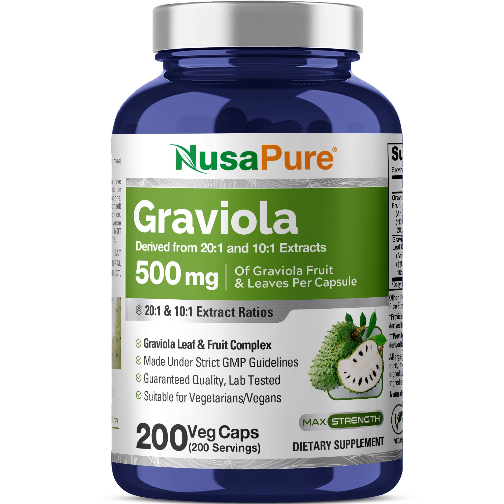NusaPure Graviola 20:1 & 10:1 Extract 500mg - Suitable for Vegetarian/Vegan, Non- GMO - 200 Capsules