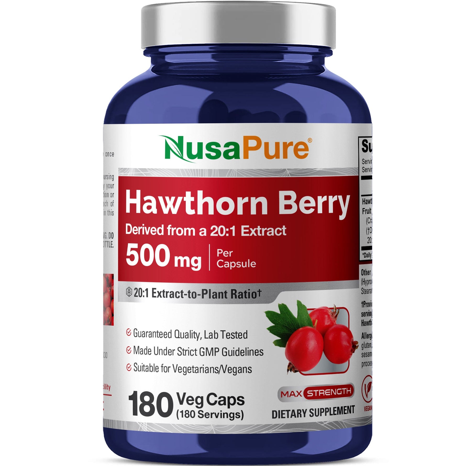 NusaPure Hawthorn Berry 20:1 Extract, 500 mg 180 Veg Caps, Suitable for Vegetarians, Vegan, Non-GMO Dietary Supplement