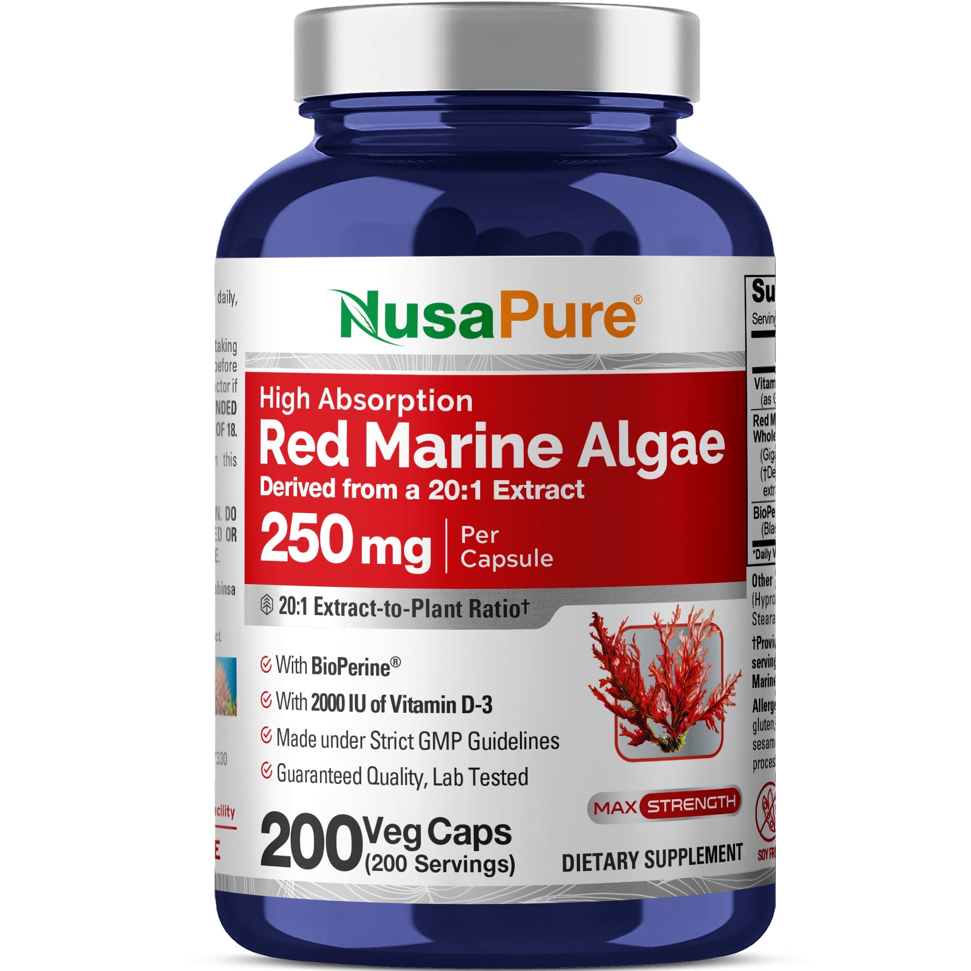 NusaPure Red Marine Algae 20:1 Extract, 250 mg 200 Veggie Capsules (Non-GMO & Soy Free) Bioperine