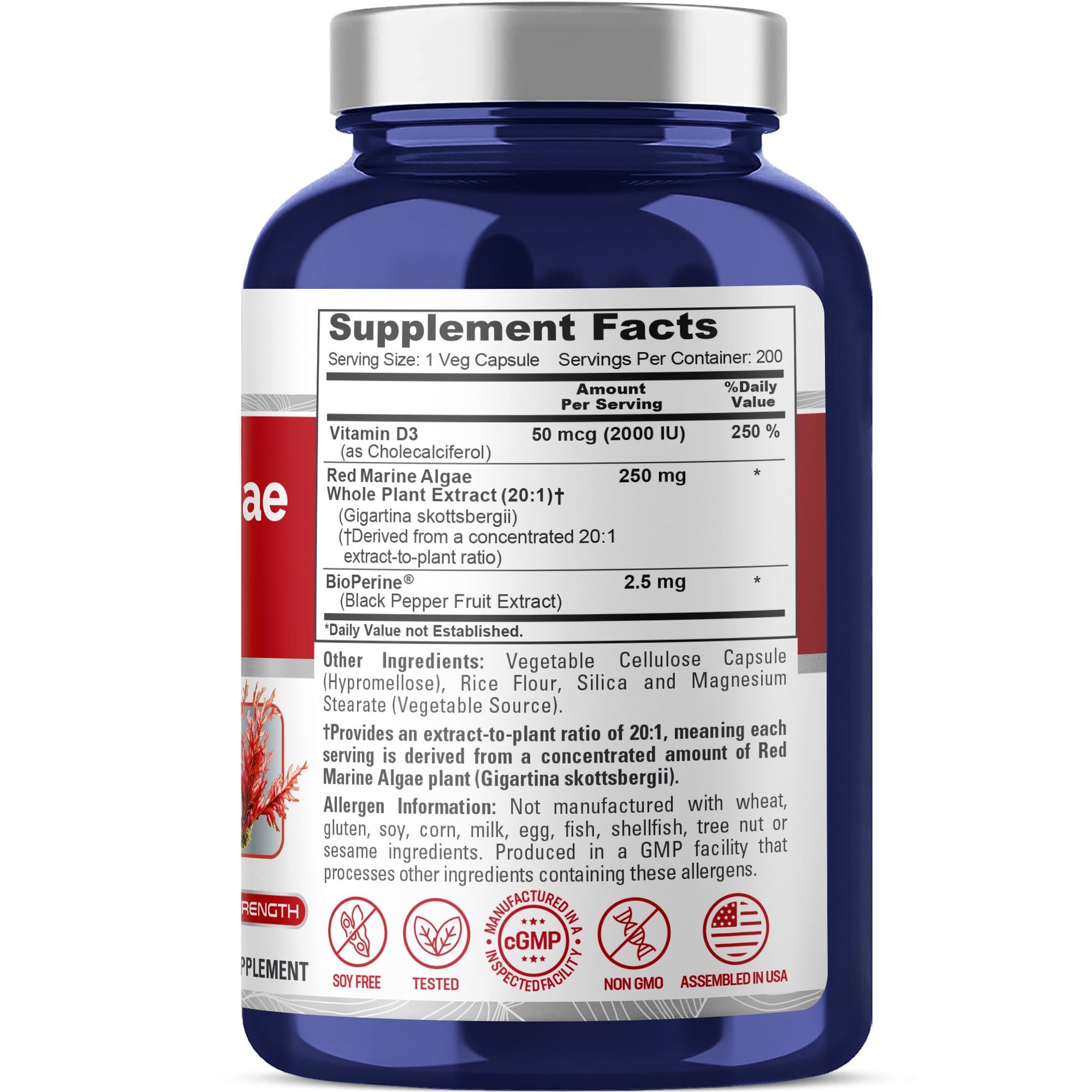 NusaPure Red Marine Algae 20:1 Extract, 250 mg 200 Veggie Capsules (Non-GMO & Soy Free) Bioperine