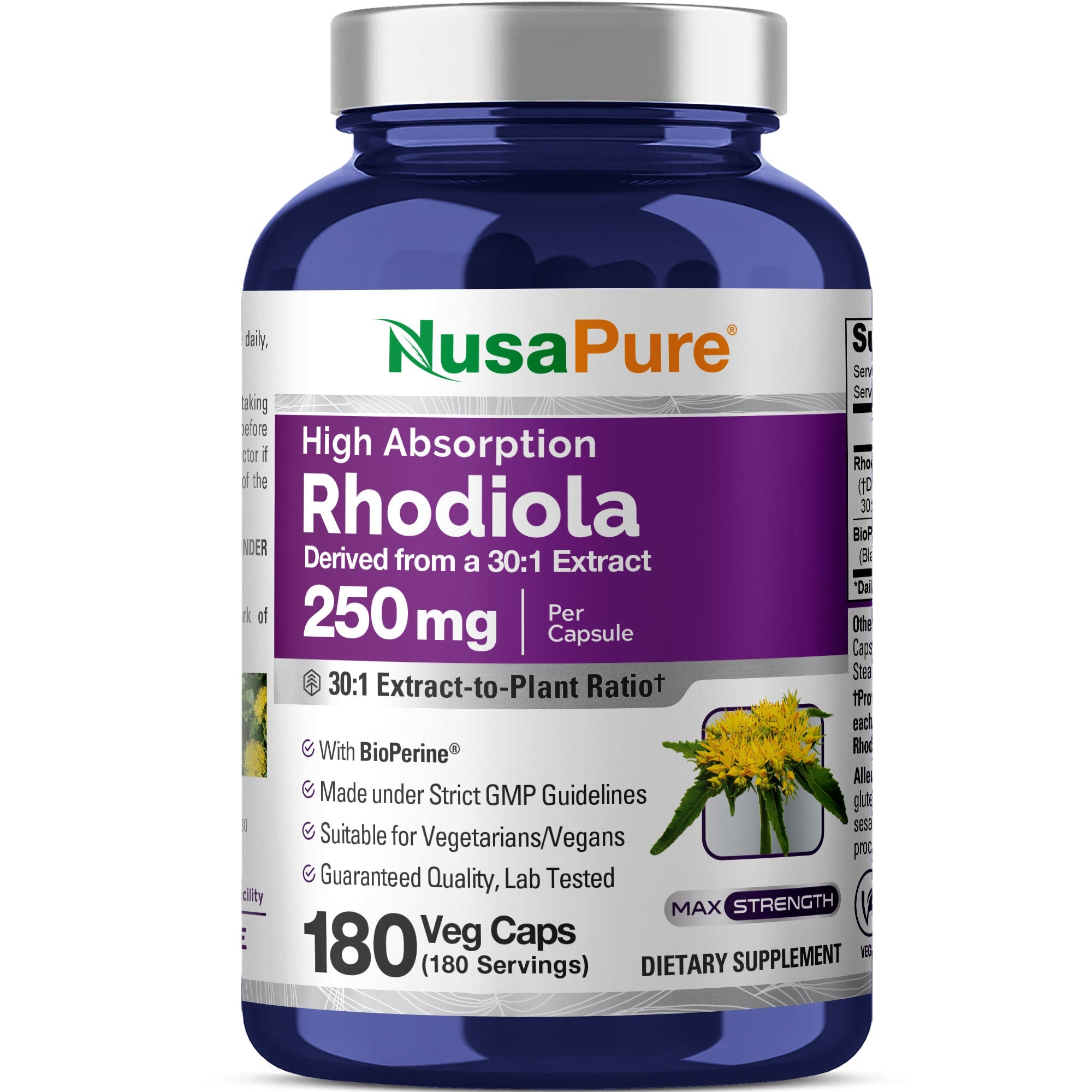 NusaPure Rhodiola Rosea 250mg 180 Veggie Capsules (Non-GMO, Extract 30:1, Vegan & Gluten-Free) Bioperine
