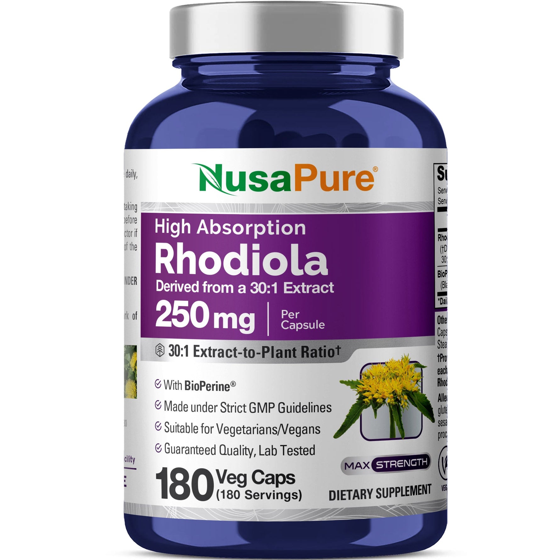 NusaPure Rhodiola Rosea 250mg 180 Veggie Capsules (Non-GMO, Extract 30:1, Vegan & Gluten-Free) Bioperine