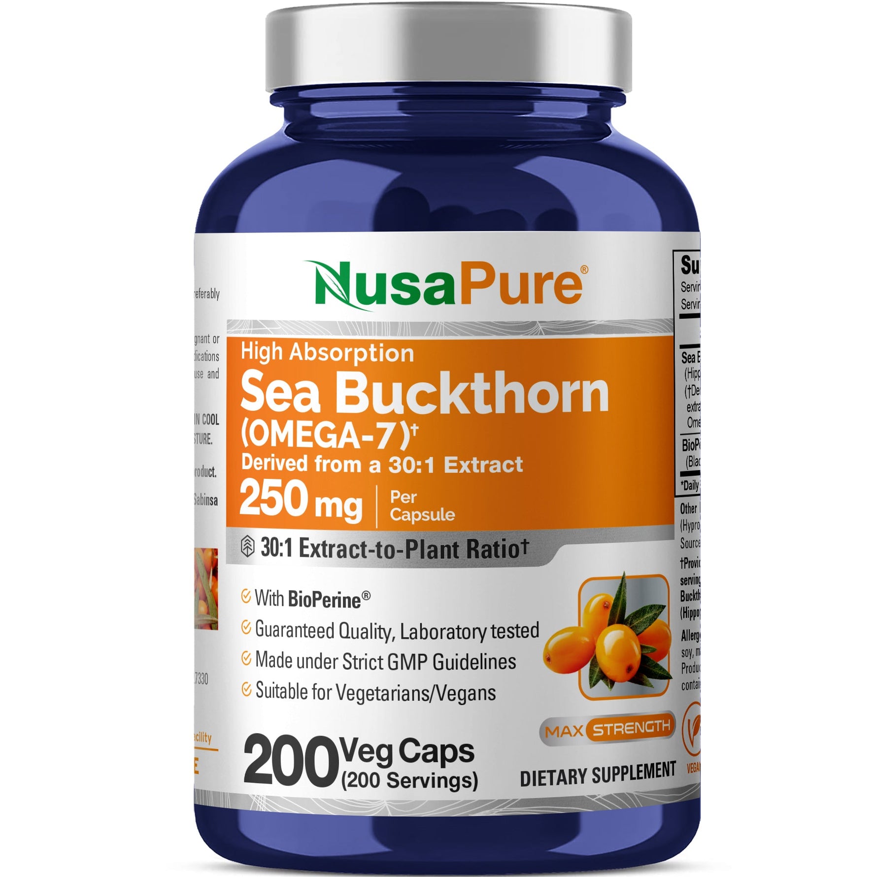 NusaPure Sea Buckthorn Omega-7 30:1 Extract, 250 mg per Veggie Caps - 200 Capsules - Non-GMO & Vegan