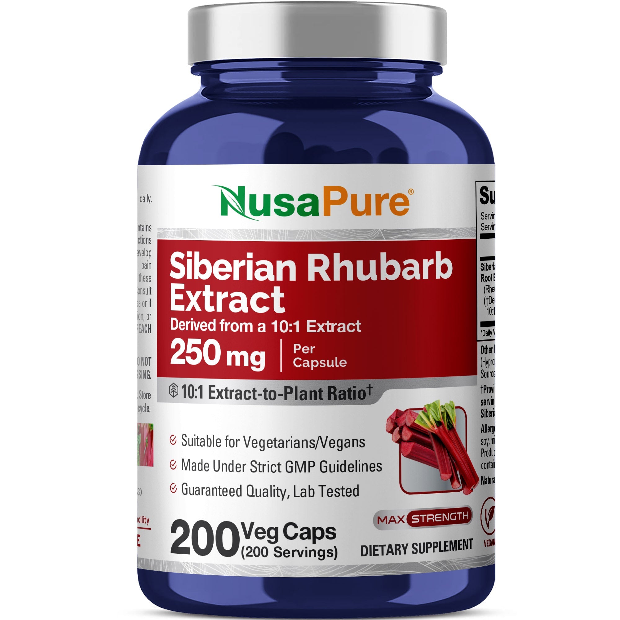 NusaPure Siberian Rhubarb 10:1 Extract, 250 mg - 200 Veggie Capsules (Vegetarian, Non-GMO, Vegan)