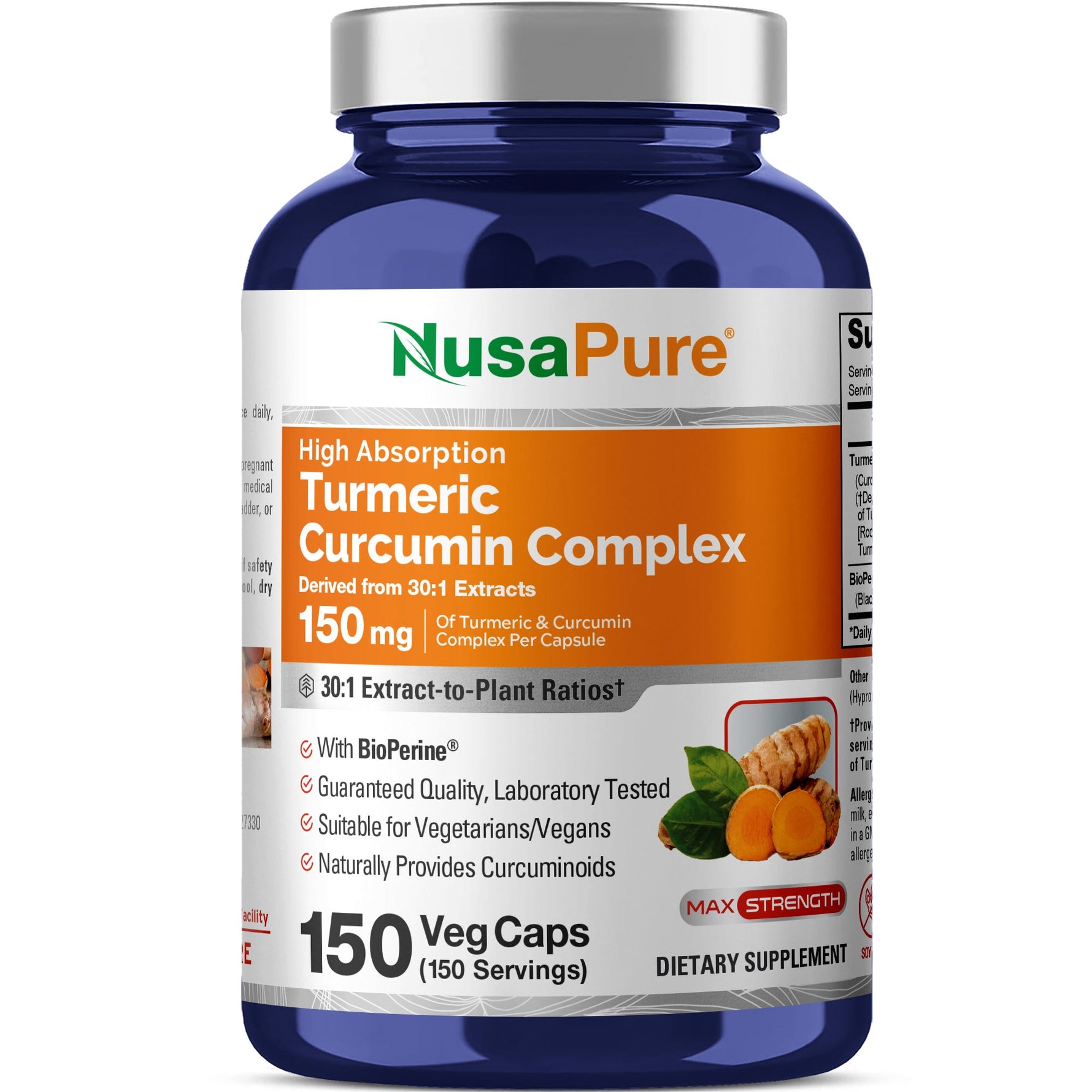 NusaPure Turmeric Curcumin Complex 150mg per caps, 150 caps, Non-GMO, Gluten-Free, & Bioperine