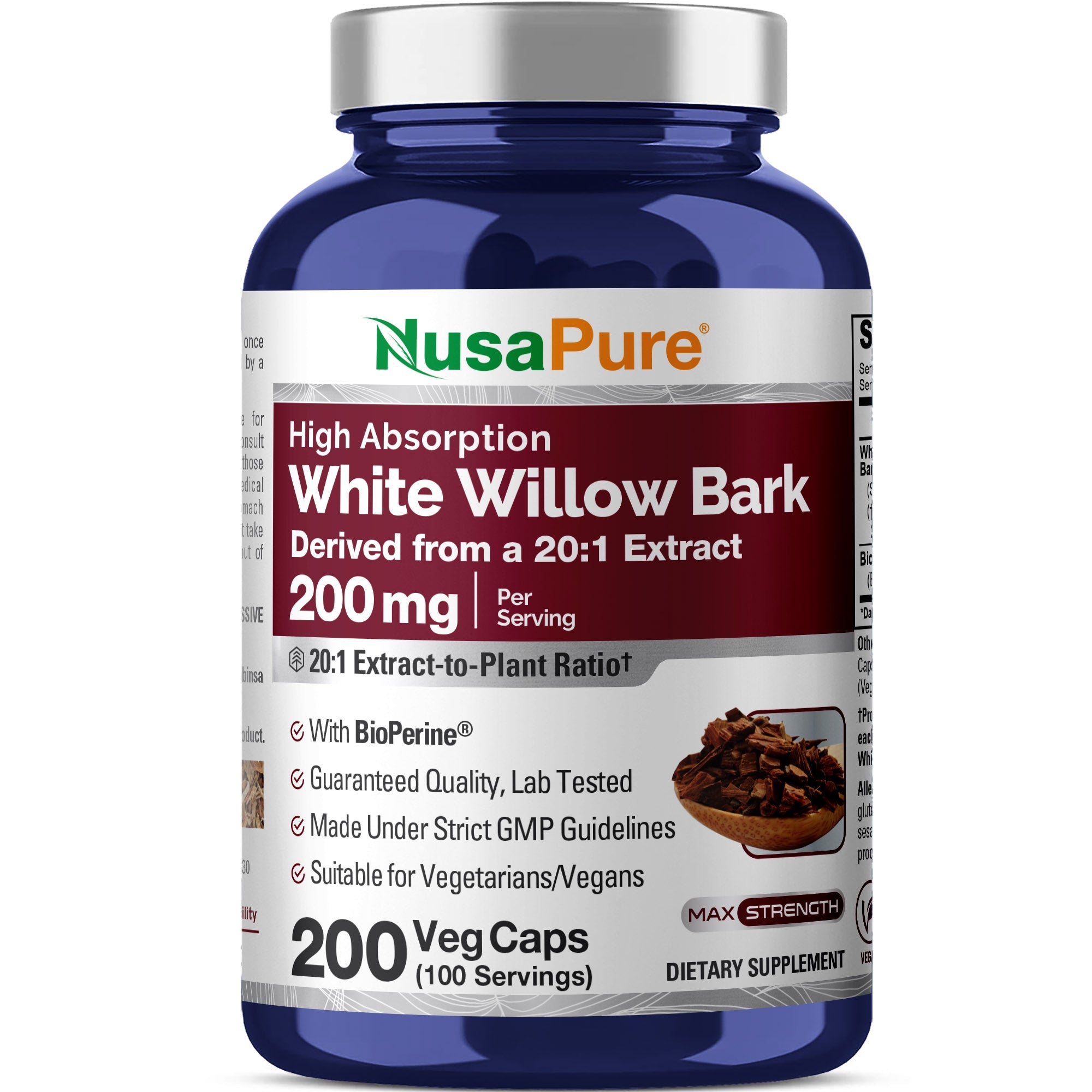 NusaPure White Willow Bark 20:1 Extract, 200 mg, 200 Veggie Capsules, Max Strength, (Non-GMO, Vegan)