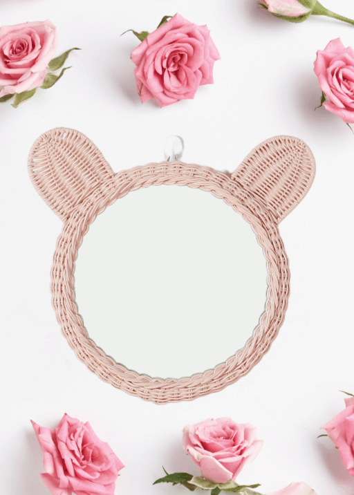 Kids Pink Rattan Teddy Bear Wall Mirror – Baby Girl Nursery & Kids Room Décor Gift