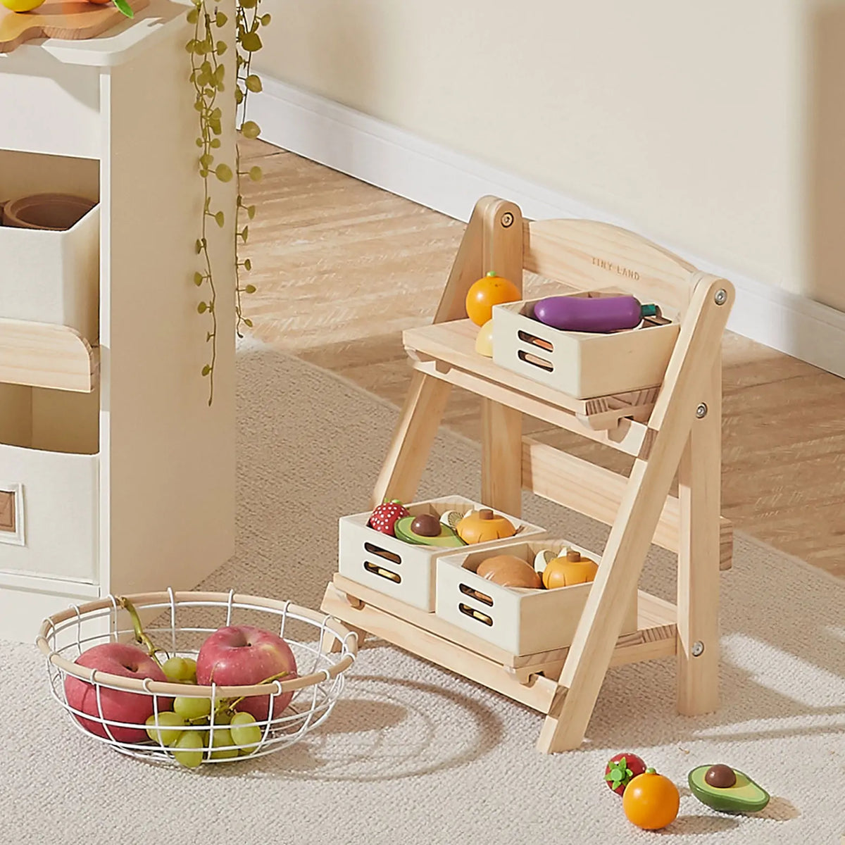Tiny Land® Play Kitchen Accessories – Play Kitchen Food Storage: Versatile Wooden Rack for Play Food