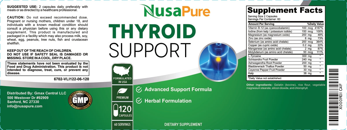 NusaPure Thyroid Support Supplement (Non-GMO) 120 caps, Ashwaganda, Iodine, Zinc, kelp, Vitamin B12, L-Tyrosine, Selenium, Copper