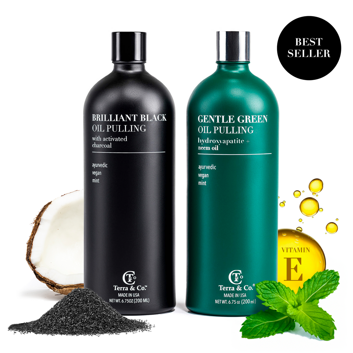 Terra & Co. Ayurvedic Oil Pulling Set: Charcoal Whitening + Nano-Hydroxyapatite Enamel Oil, 2 x 6.75 oz