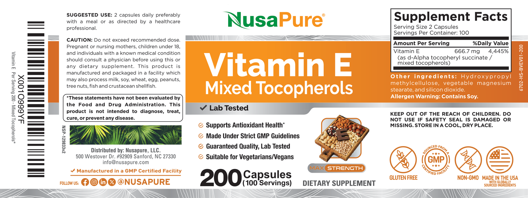 NusaPure Vitamin E Mixed Tocopherols - Suitable for Vegetarian/Vegan, Non - GMO - 1000 IU 200 Tablets