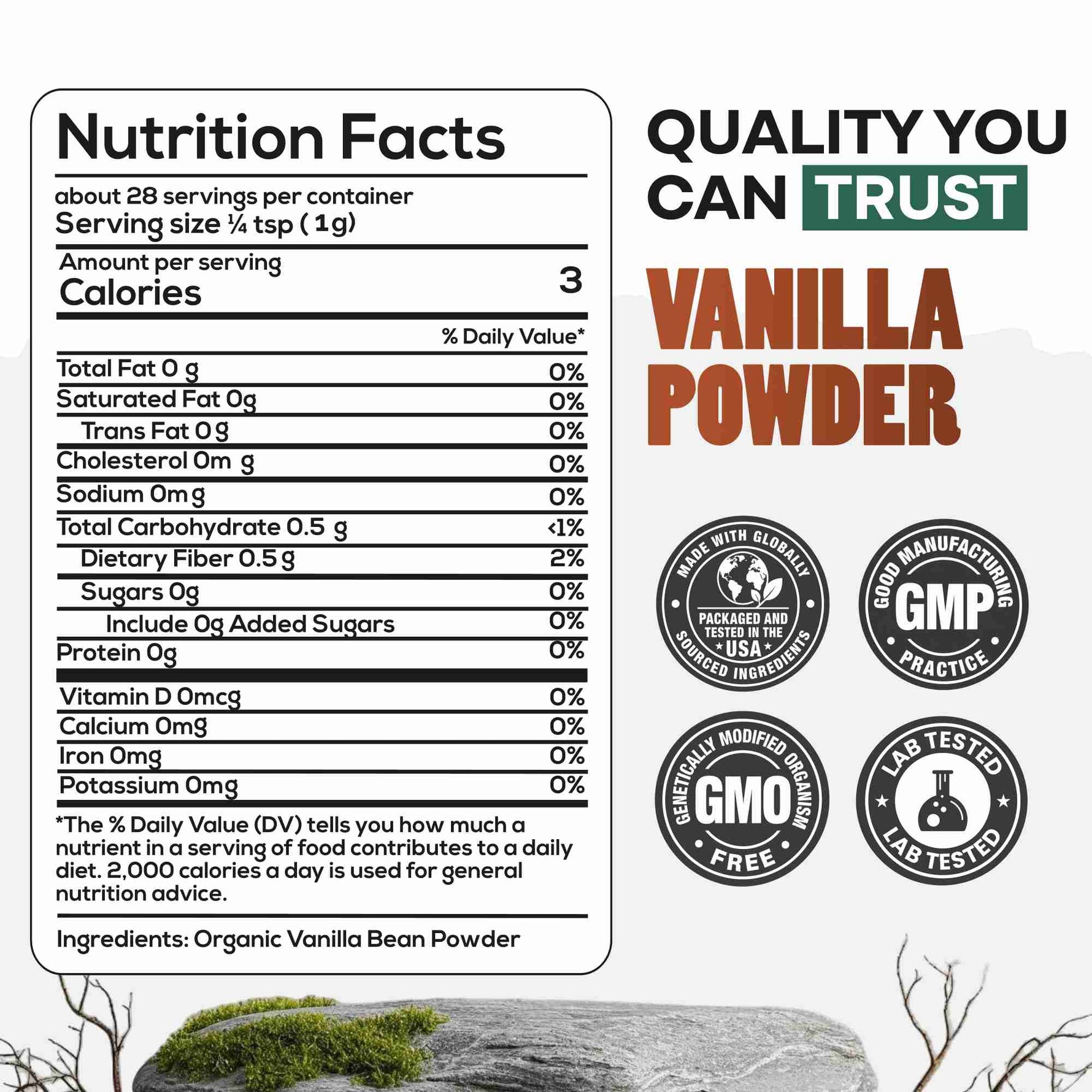 Vanilla Powder, 28 servings - Organic Ground Whole Vanilla Beans