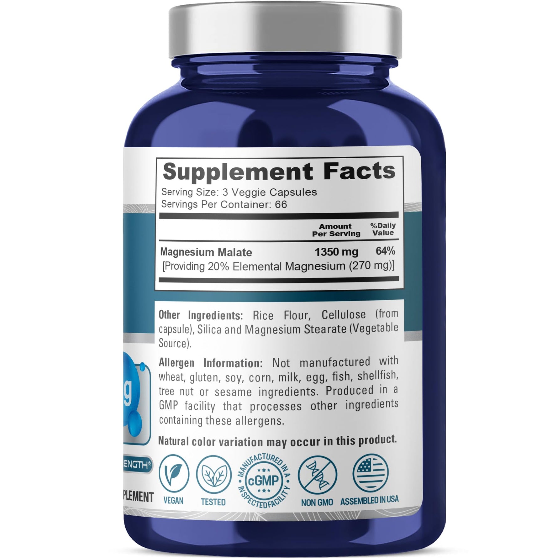 NusaPure Magnesium Malate 1350mg 200 Veggie Capsules (Vegan, Non-GMO, Vegan)