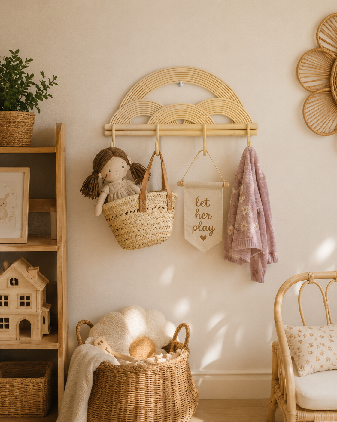 Montessori Rainbow Wall Hanger  |  Rattan Wall Rack | Boho Nursery Wall Hooks for Kids
