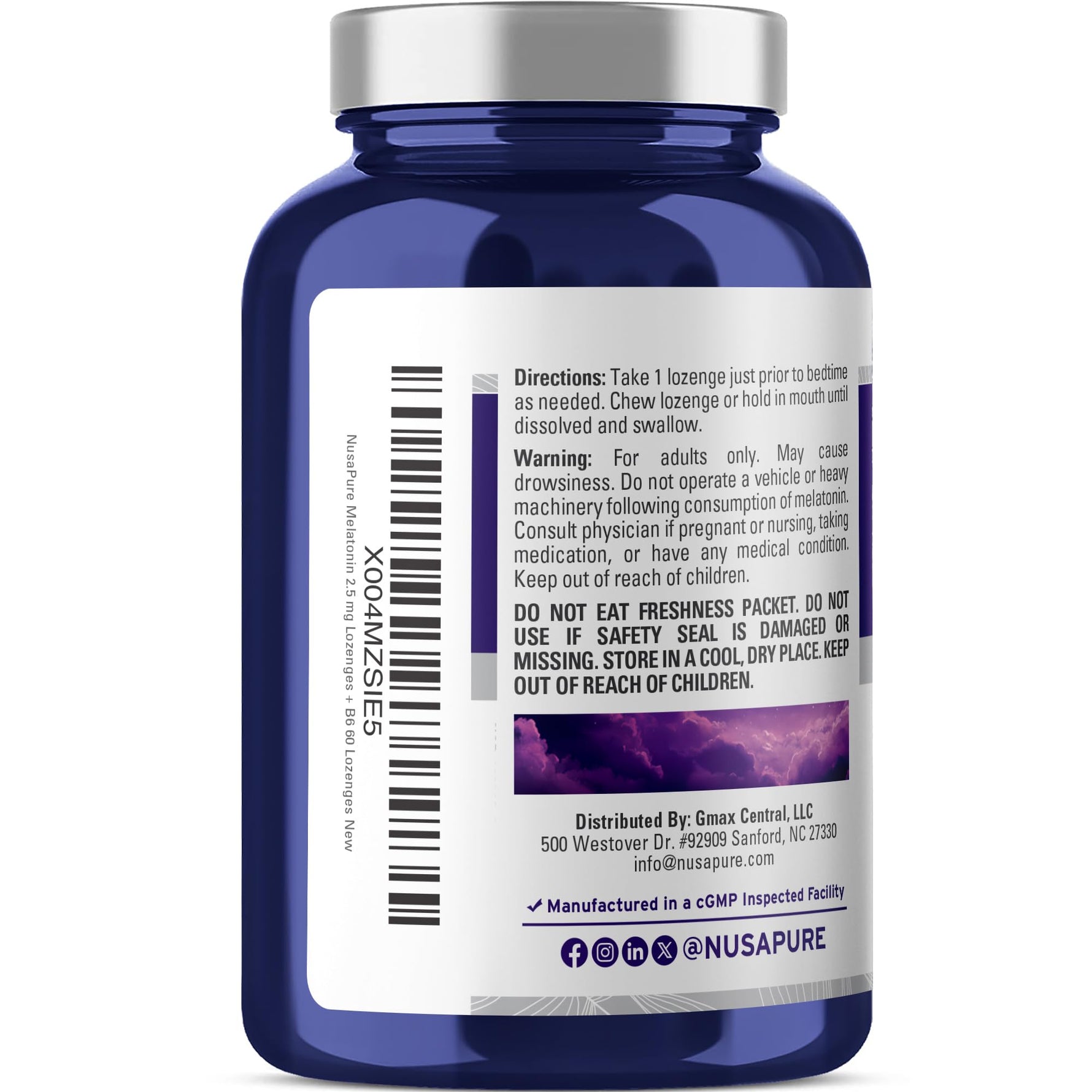NusaPure Melatonin Lozenges with Vitamin B6 - Fast Dissolving, Suitable for Vegetarian/Vegan, Non-GMO - 2.5mg - 60 Counts