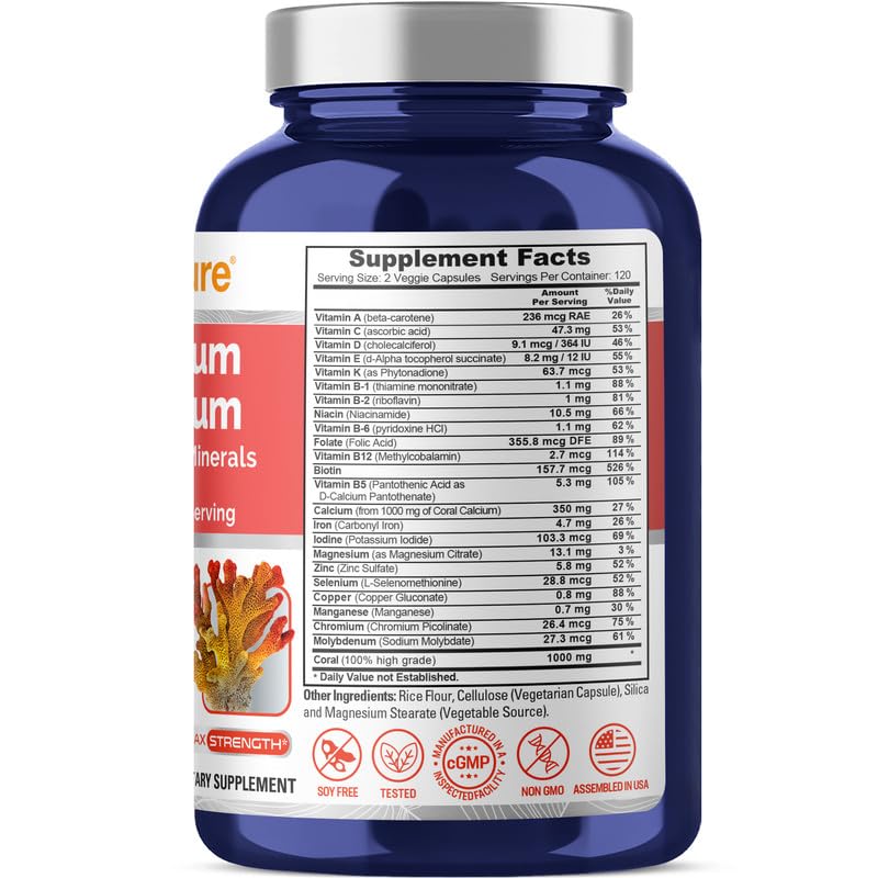 NusaPure Coral Calcium with 22 Vitamins & Minerals, Non- GMO - 1000 mg - 240 Caps