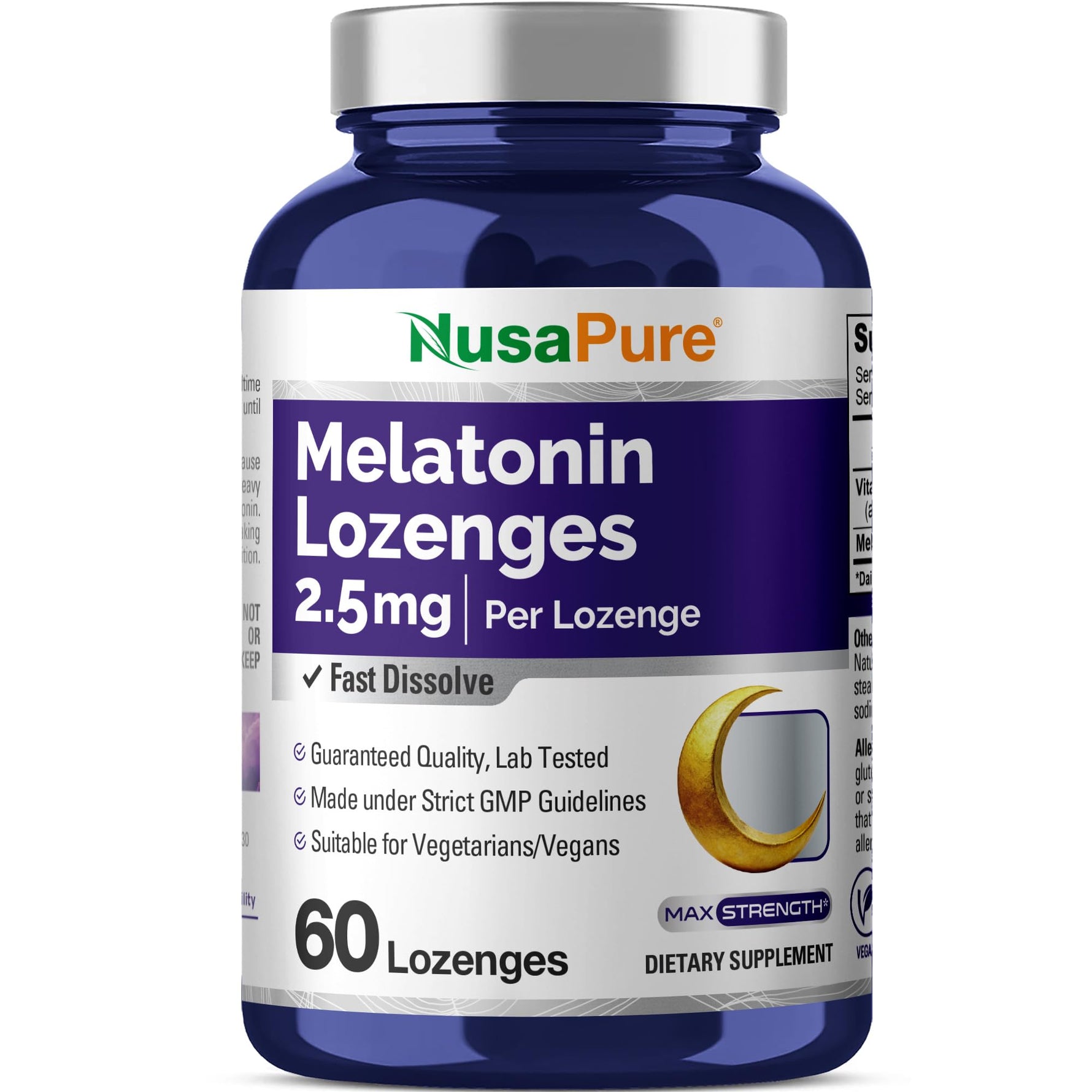 NusaPure Melatonin Lozenges with Vitamin B6 - Fast Dissolving, Suitable for Vegetarian/Vegan, Non-GMO - 2.5mg - 60 Counts