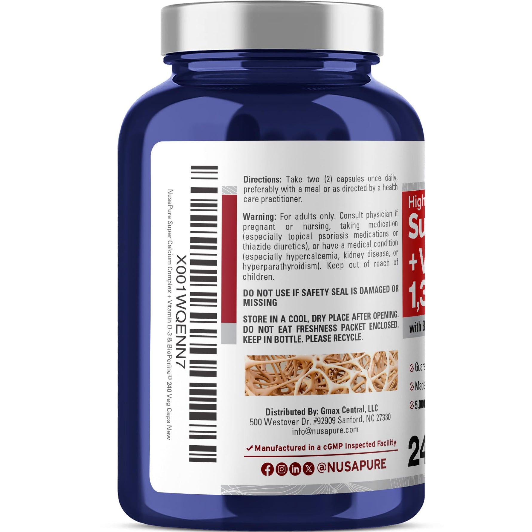 NusaPure Super Calcium with Vitamin D 3 & Calcium Citrate - Suitable for Vegetarian, Non - GMO - 1300mg - 240 Capsules