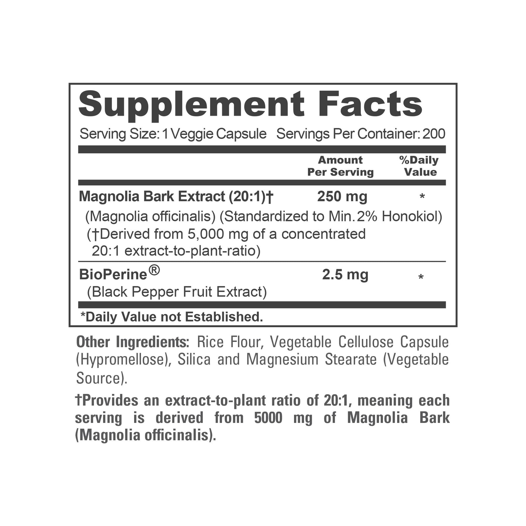 NusaPure Magnolia Bark 20:1 Extract, 250 mg 200 Vegan Vegetarian Capsules Non-GMO