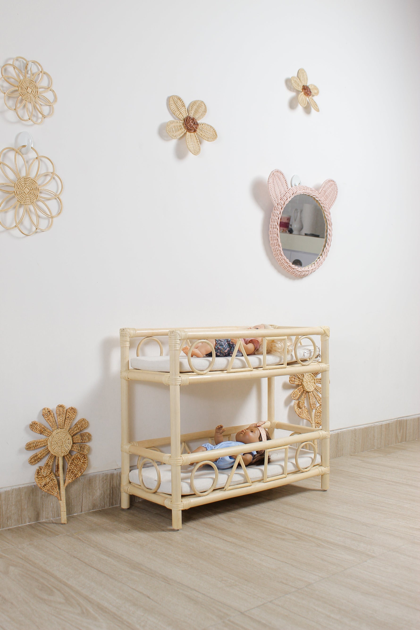 Kids Pink Rattan Teddy Bear Wall Mirror – Baby Girl Nursery & Kids Room Décor Gift