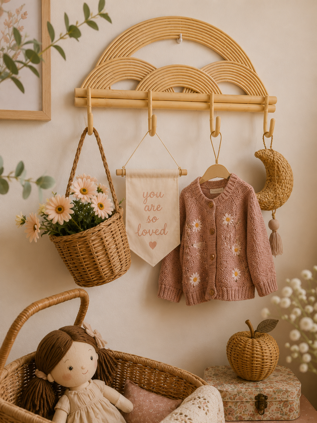 Montessori Rainbow Wall Hanger  |  Rattan Wall Rack | Boho Nursery Wall Hooks for Kids