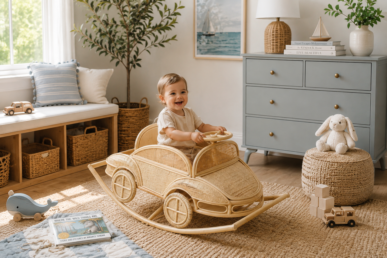 Vintage Inspired Rattan Rocking Car for Toddlers