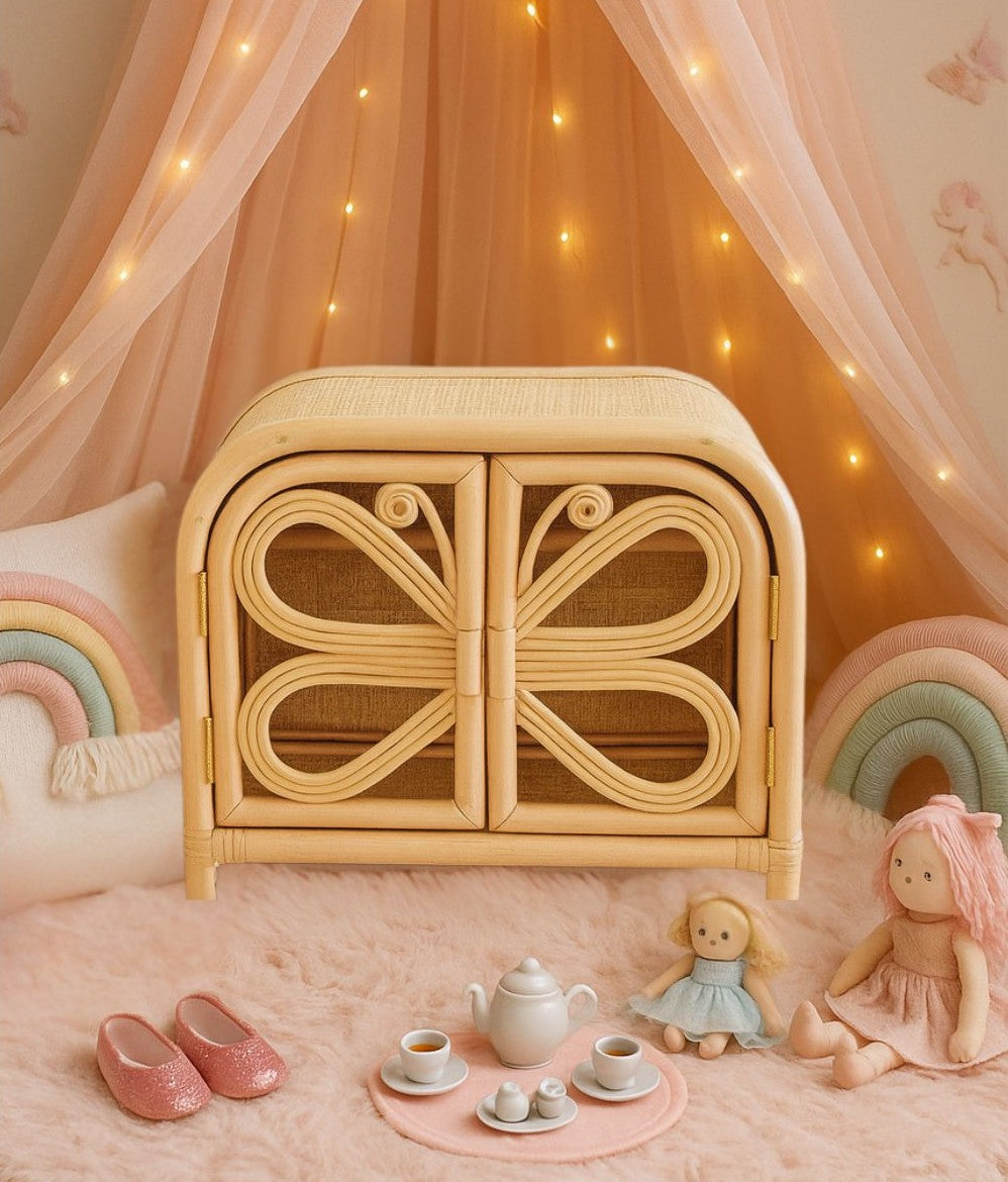 Rattan Doll Clothes Wardrobe | Boho Butterfly Dresser for Kids | Eco-Friendly Nursery Decor