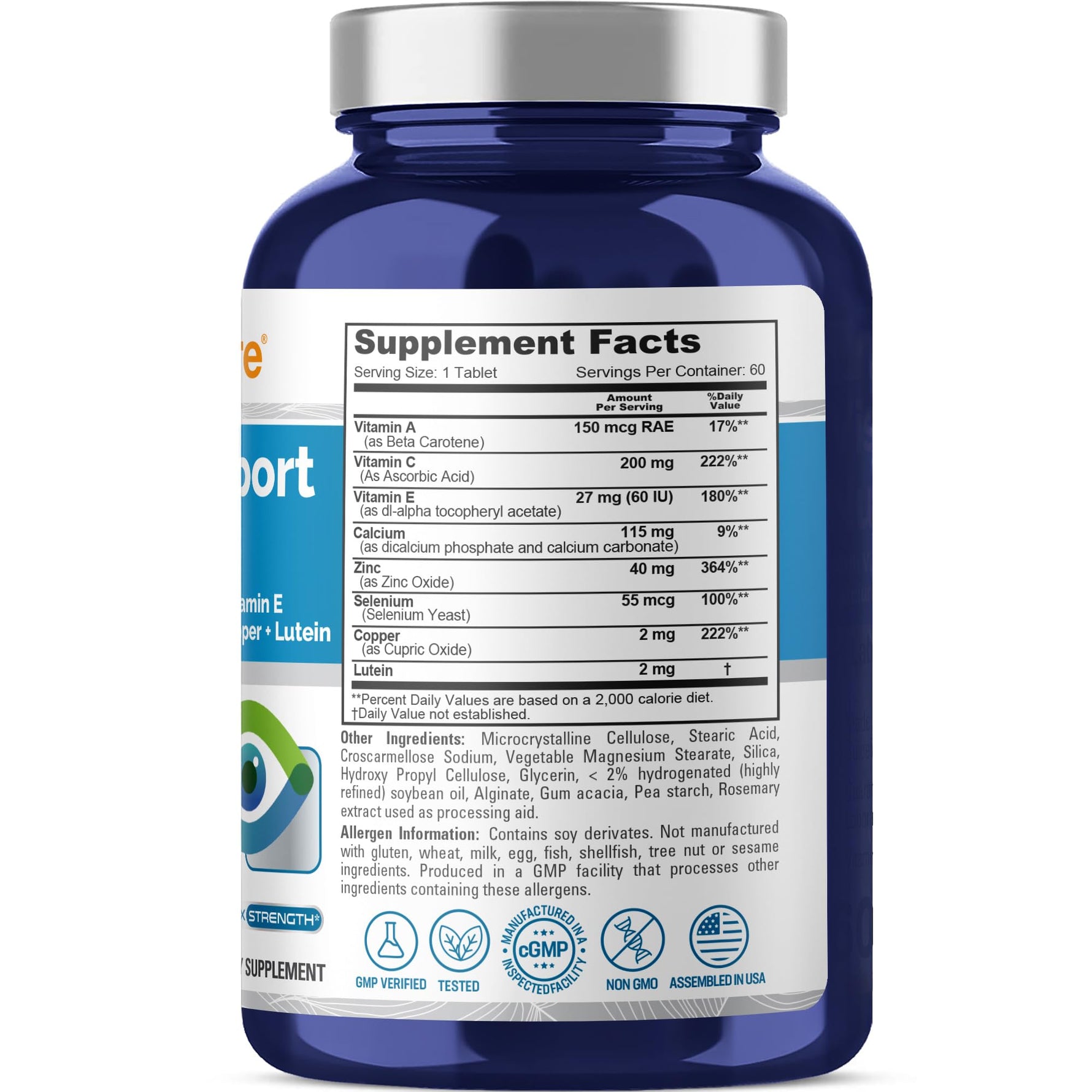 NusaPure Vision Support Nutrients with Vitamin A, C, E, Calcium, Zinc, Selenium, Copper, Lutein 60 Tablets Non-GMO Dietary Supplement