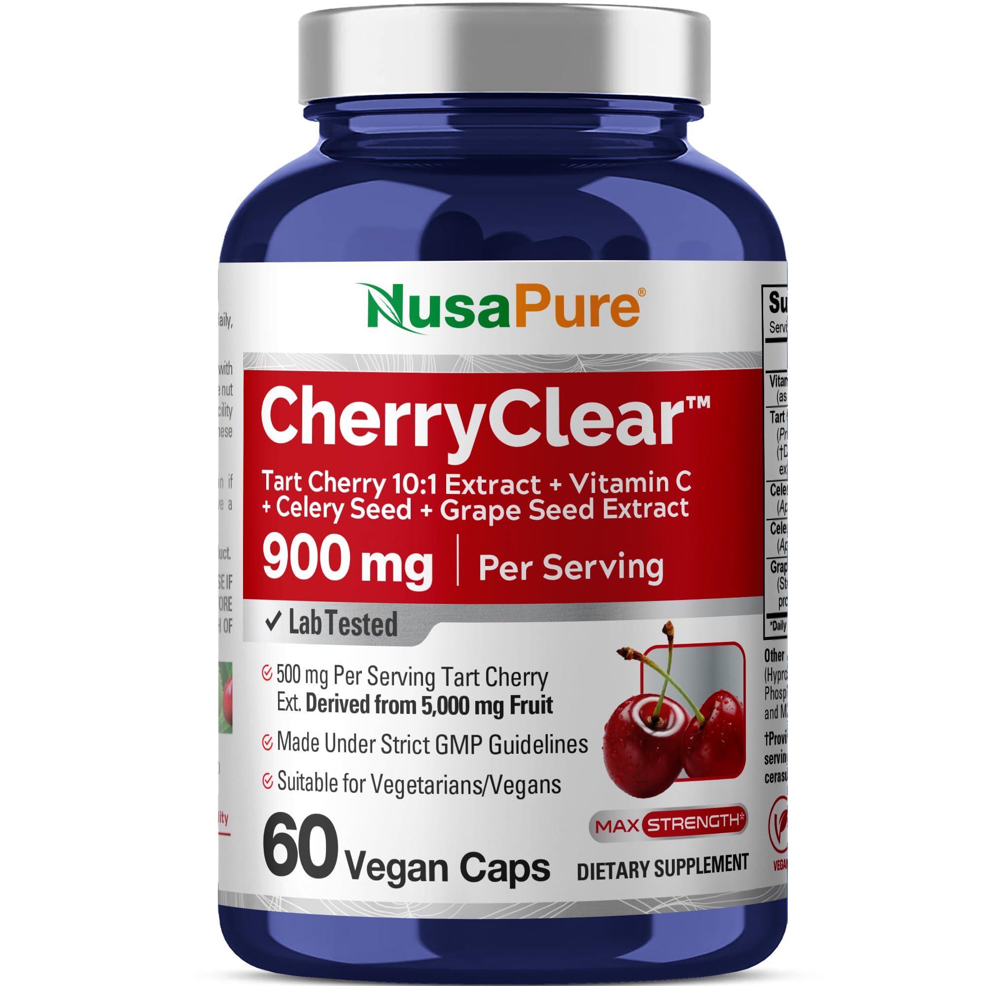 NusaPure CherryClear Tart Cherry 10:1 Extract, 500 mg + Vitamin C + Cherry Seed + Grape Seed 900mg Per Vegan Caps 60 Count