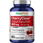 NusaPure CherryClear Tart Cherry 10:1 Extract, 500 mg + Vitamin C + Cherry Seed + Grape Seed 900mg Per Vegan Caps 60 Count